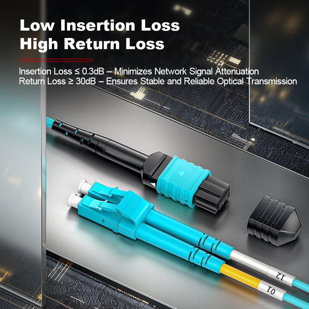 AMPCOM MPO-8 Harness, Multimode OM3 50/125µm 8 Fibers Optic Cable, MPO UPC (Female) to 4 x LC UPC Duplex, Aqua LSZH Jacket