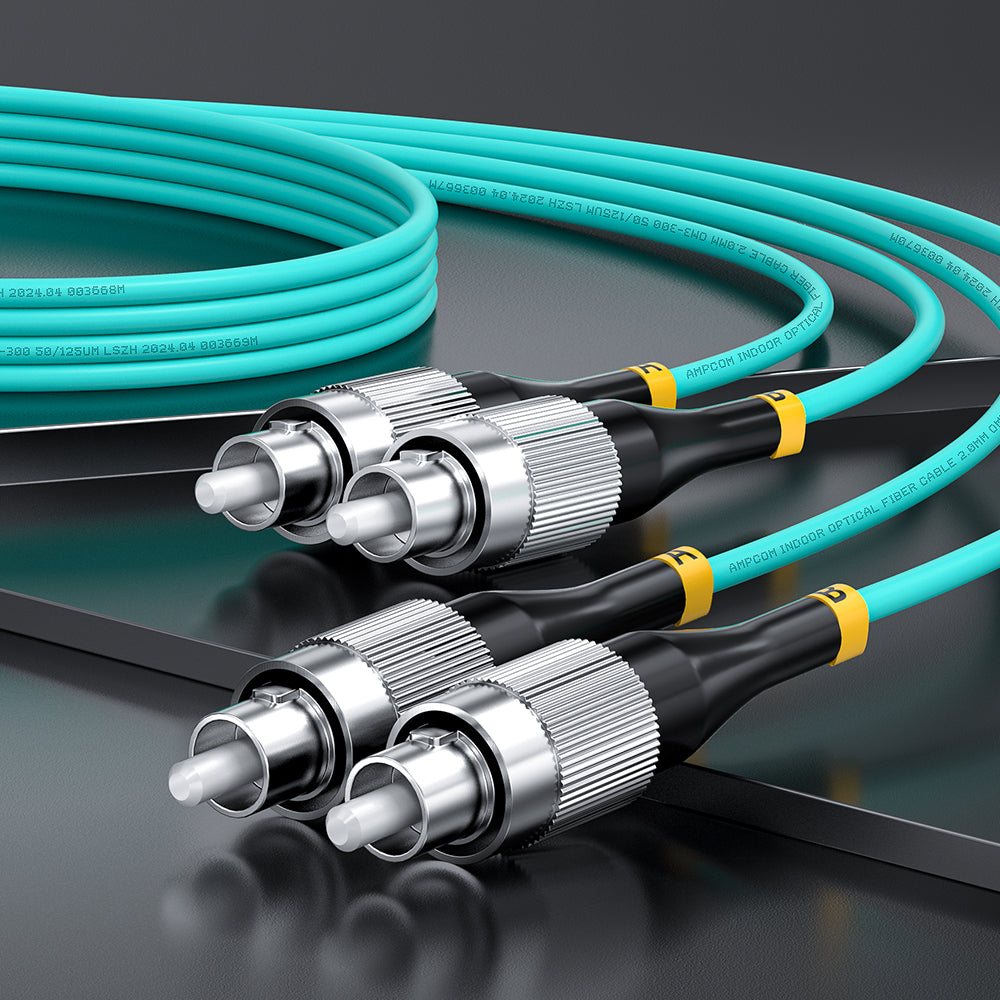AMPCOM OM3 50/125μm FC to FC Multimode Duplex Fiber Optic Cord, LSZH 2.0mm Jacket