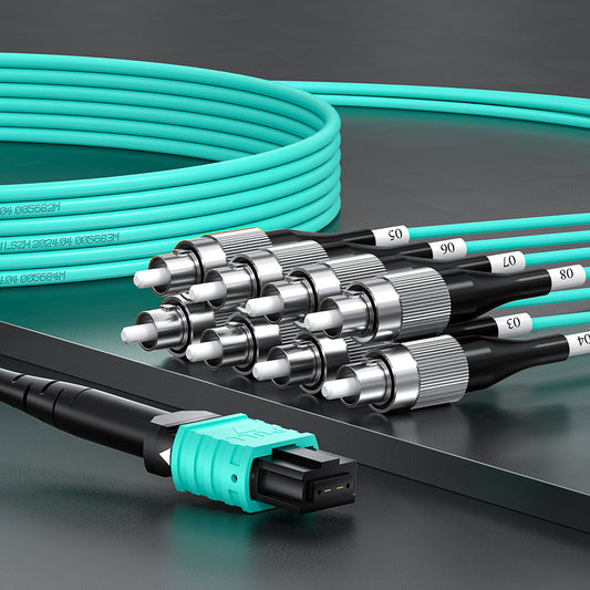 AMPCOM MPO-8 Harness, Multimode OM3 50/125µm 8 Fibers Optic Cable, MPO UPC (Female) to 8 x FC UPC, Aqua LSZH Jacket