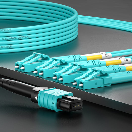 AMPCOM MPO-8 Harness, Multimode OM3 50/125µm 8 Fibers Optic Cable, MPO UPC (Female) to 4 x LC UPC Duplex, Aqua LSZH Jacket