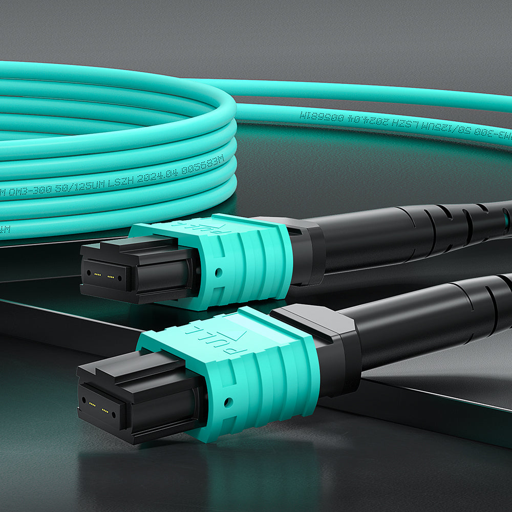 AMPCOM MPO-8 Jumper, Multimode OM3 50/125µm 8 Fibers Optic Cable, MPO UPC (Female) to MPO UPC (Female), Aqua LSZH Jacket