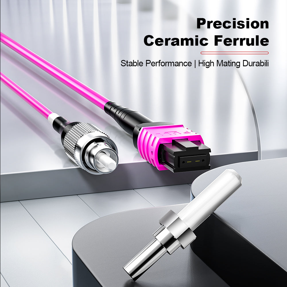 AMPCOM MPO-12 Harness, Multimode OM4 50/125µm 12 Fibers Optic Cable, MPO UPC (Female) to 12 x FC UPC, Magenta LSZH Jacket