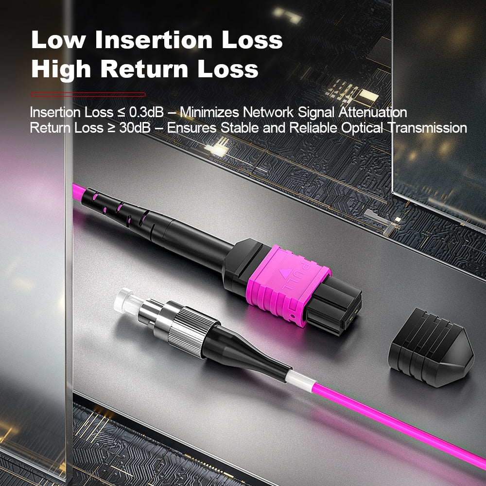 AMPCOM MPO-12 Harness, Multimode OM4 50/125µm 12 Fibers Optic Cable, MPO UPC (Female) to 12 x FC UPC, Magenta LSZH Jacket
