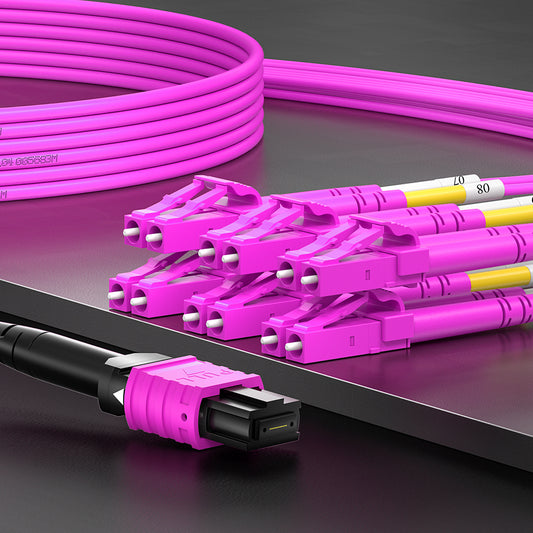 AMPCOM MPO-12 Harness, Multimode OM4 50/125µm 12 Fibers Optic Cable, MPO UPC (Female) to 6 x LC UPC Duplex, Magenta LSZH Jacket