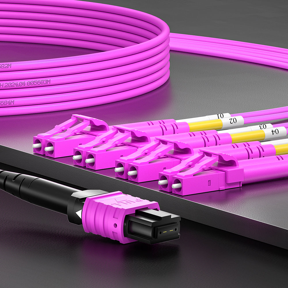 AMPCOM MPO-8 Harness, Multimode OM4 50/125µm 8 Fibers Optic Cable, MPO UPC (Female) to 4 x LC UPC Duplex, Magenta LSZH Jacket