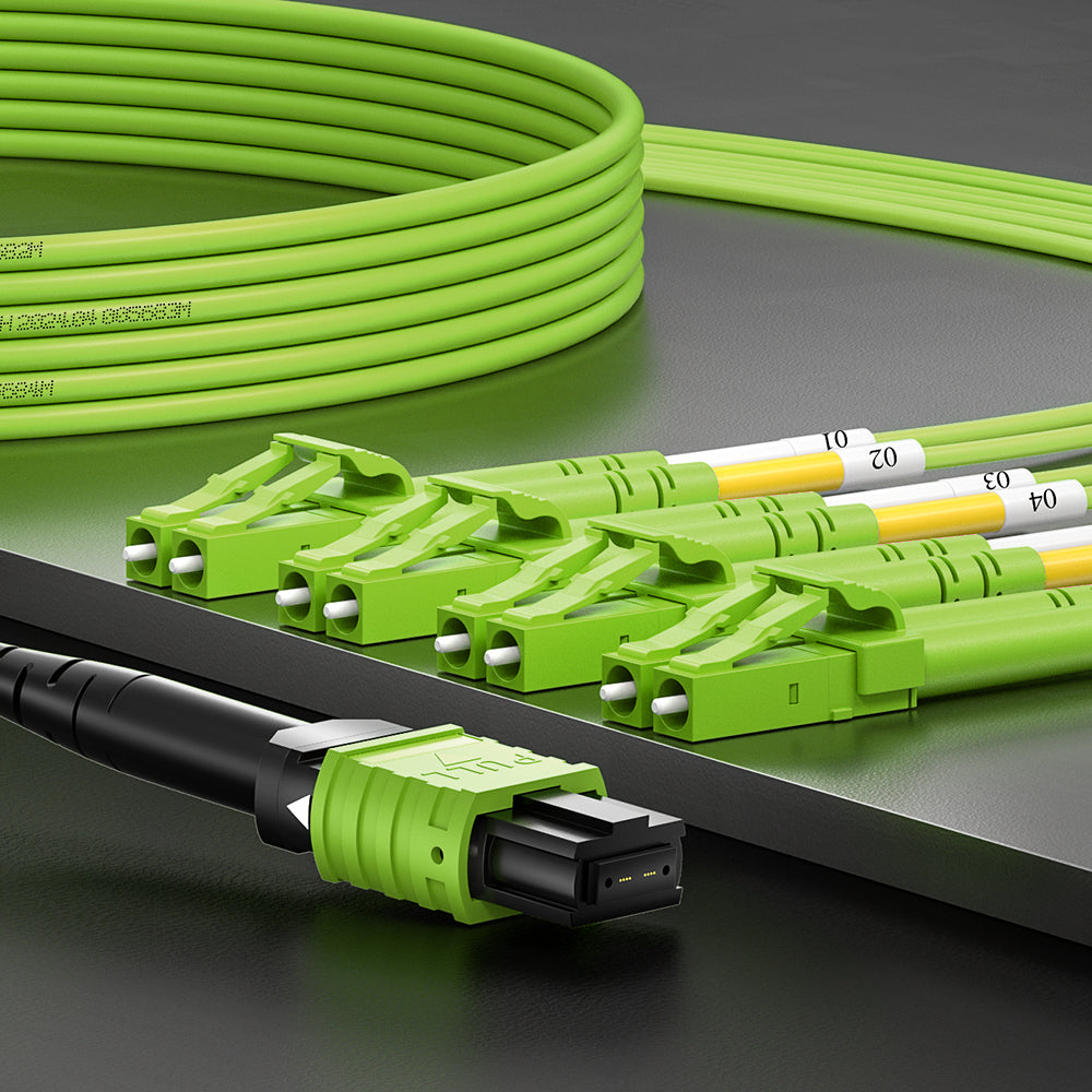AMPCOM MPO-8 Harness, Multimode OM5 50/125µm 8 Fibers Optic Cable, MPO UPC (Female) to 4 x LC UPC Duplex, Magenta LSZH Jacket