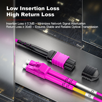 AMPCOM MPO-8 Harness, Multimode OM4 50/125µm 8 Fibers Optic Cable, MPO UPC (Female) to 4 x LC UPC Duplex, Magenta LSZH Jacket
