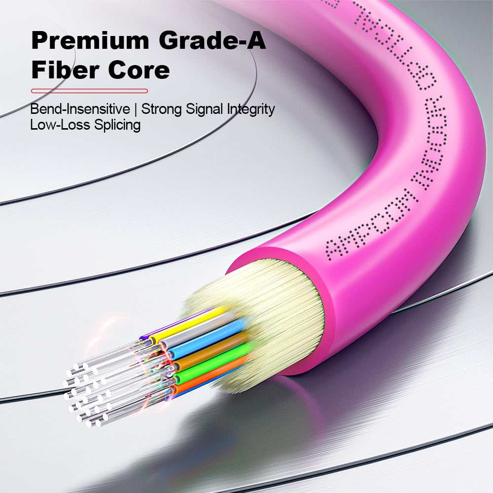 AMPCOM MPO-12 Jumper, Multimode OM4 50/125µm 12 Fibers Optic Cable, MPO UPC (Female) to MPO UPC (Female), Magenta LSZH Jacket