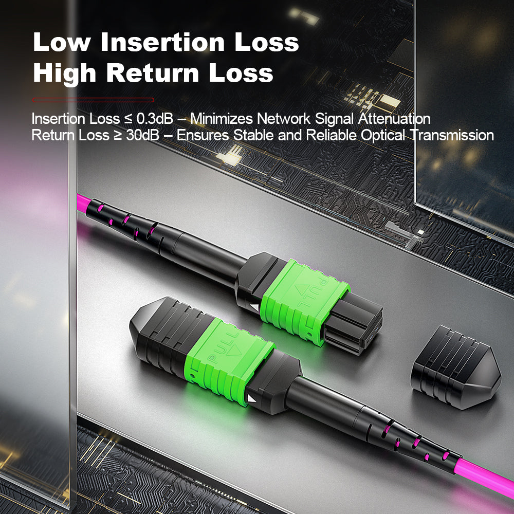 AMPCOM MPO Trunk Cable, MPO-24 APC (Female) to MPO-24 APC (Female), 24 Fibers, Multimode (OM4), LSZH/Riser, 0.35dB Max, Magenta