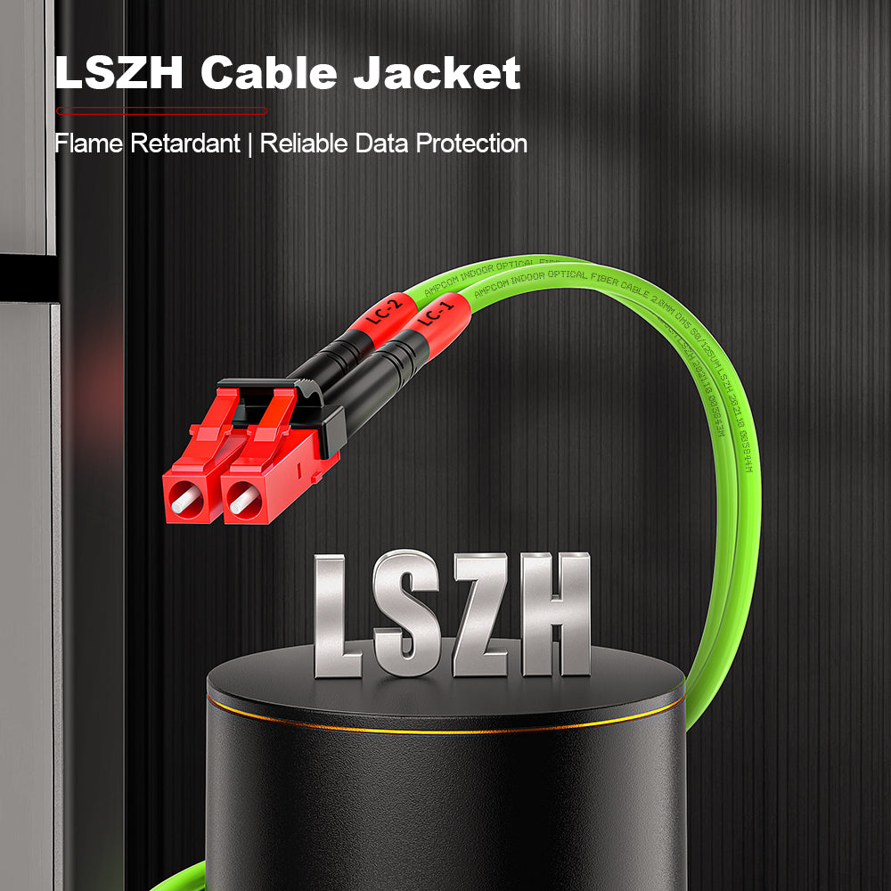 Cabo de fibra óptica duplex multimodo AMPCOM OM5 50/125 μm LC para LC, com revestimento LSZH de 2.0 mm.