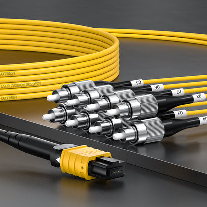 AMPCOM MPO-8 Harness, Single Mode (OS2 9/125μm) 8 Fibers Optic Cable, MPO UPC (Female) to 8 x FC UPC, Yellow LSZH Jacket ﻿