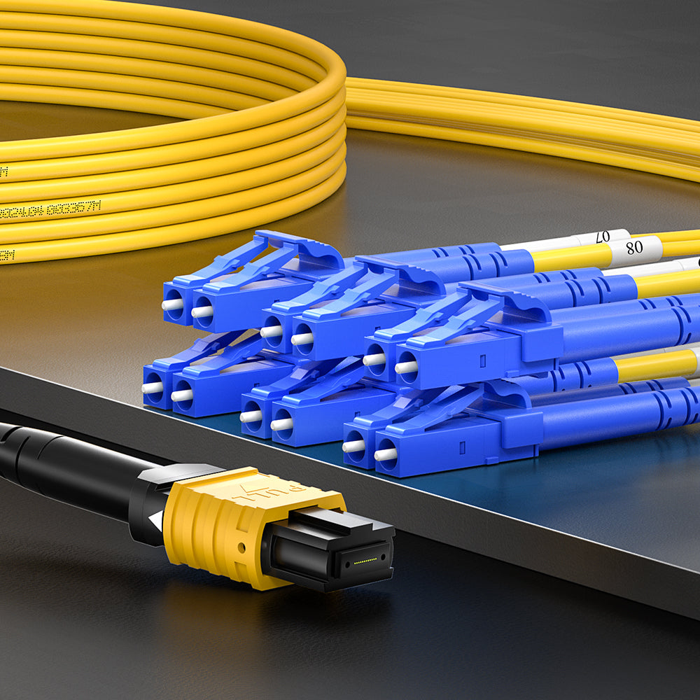 AMPCOM MPO-12 Harness, Single Mode (OS2 9/125μm) 12 Fibers Optic Cable, MPO UPC (Female) to 6 x LC UPC Duplex, Yellow LSZH Jacket ﻿