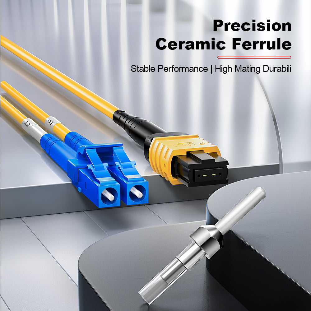 AMPCOM MPO-8 Harness, Single Mode (OS2 9/125μm) 8 Fibers Optic Cable, MPO UPC (Female) to 4 x LC UPC Duplex, Yellow LSZH Jacket ﻿
