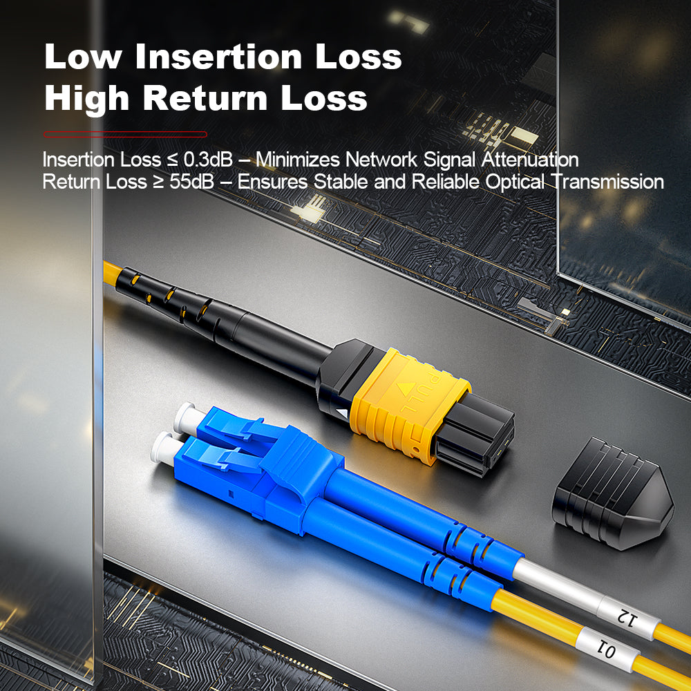 AMPCOM MPO-8 Harness, Single Mode (OS2 9/125μm) 8 Fibers Optic Cable, MPO UPC (Female) to 4 x LC UPC Duplex, Yellow LSZH Jacket ﻿