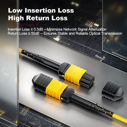 AMPCOM MPO-8 Jumper, Single Mode (OS2) 8 Fibers Optic Cable, MPO UPC (Female) to MPO UPC (Female), Yellow LSZH Jacket