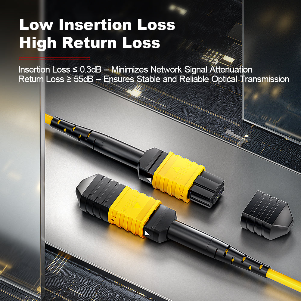 AMPCOM MPO-12 Jumper, Single Mode (OS2 9/125μm) 12 Fibers Optic Cable, MPO UPC (Female) to MPO UPC (Female), Yellow LSZH Jacket