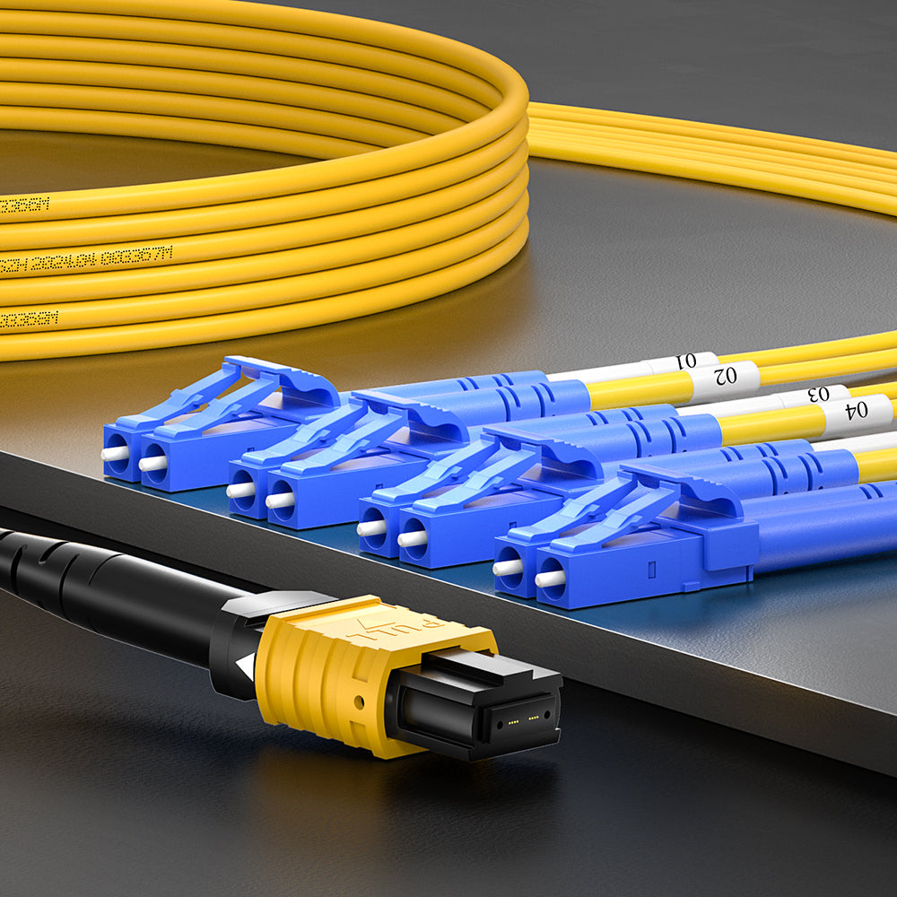 AMPCOM MPO-8 Harness, Single Mode (OS2 9/125μm) 8 Fibers Optic Cable, MPO UPC (Female) to 4 x LC UPC Duplex, Yellow LSZH Jacket ﻿