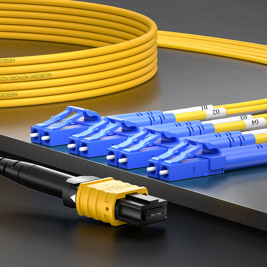AMPCOM MPO-8 Harness, Single Mode (OS2 9/125μm) 8 Fibers Optic Cable, MPO UPC (Female) to 4 x LC UPC Duplex, Yellow LSZH Jacket ﻿