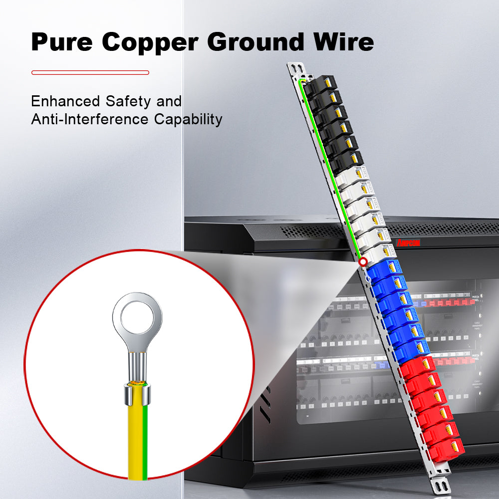 AMPCOM 1U 24-Port Unshielded Pass-Through Modular Patch Panel, 19-inch Rack Mount with Cable Management Rings
