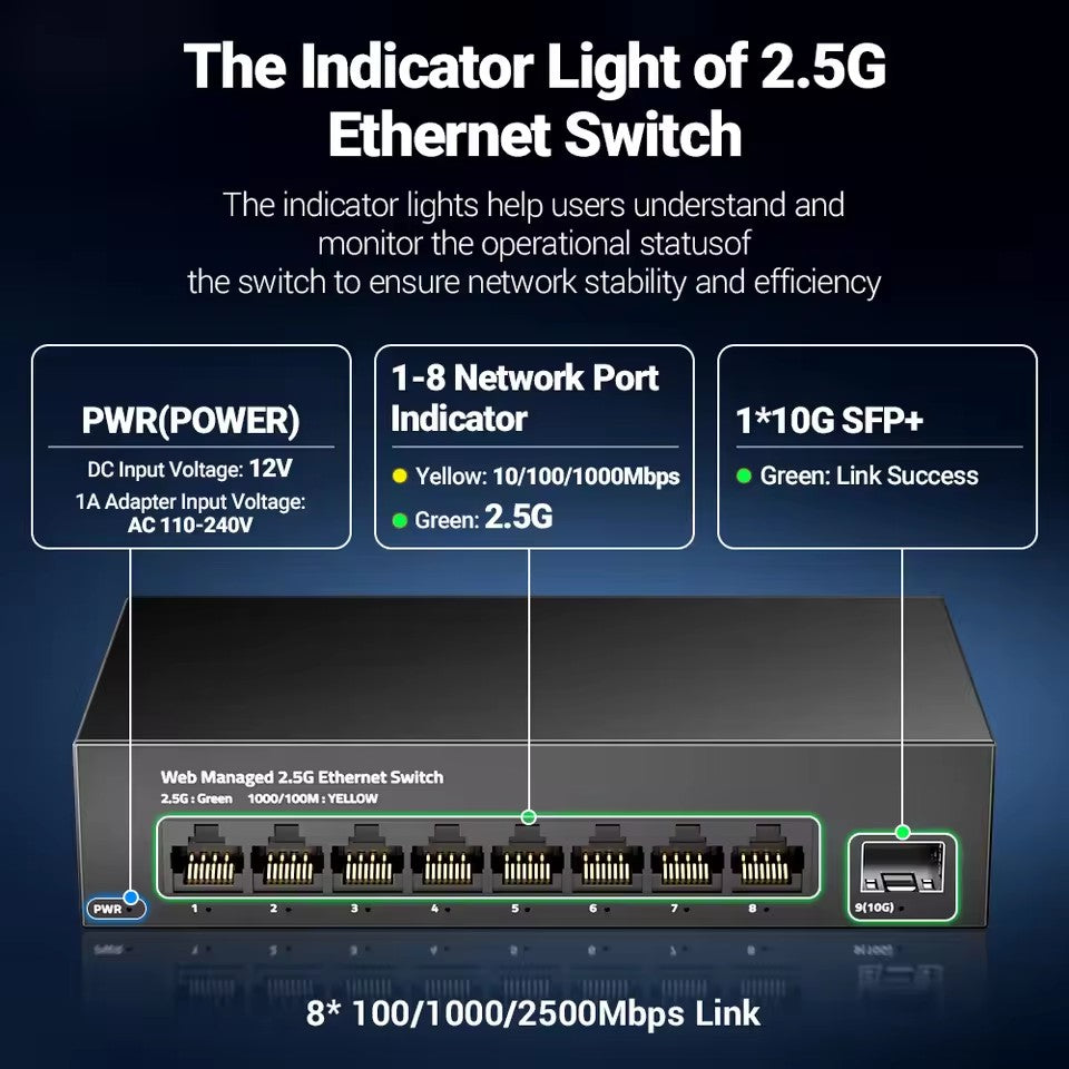 AMPCOM 8-Port 2.5GbE Managed Switch | 10G SFP+ Uplink, Fanless, Web Management, QoS, VLAN, LACP