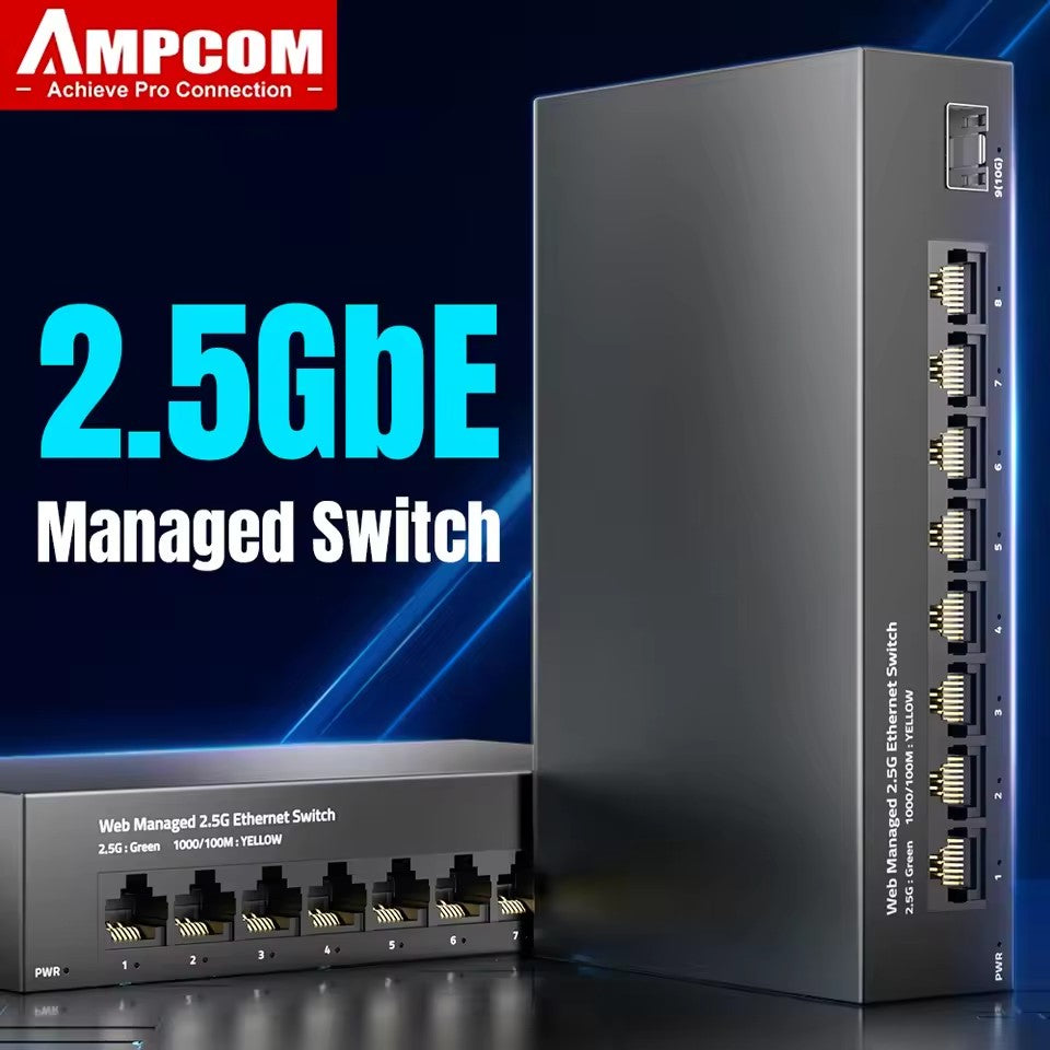 AMPCOM 8-Port 2.5GbE Managed Switch | 10G SFP+ Uplink, Fanless, Web Management, QoS, VLAN, LACP