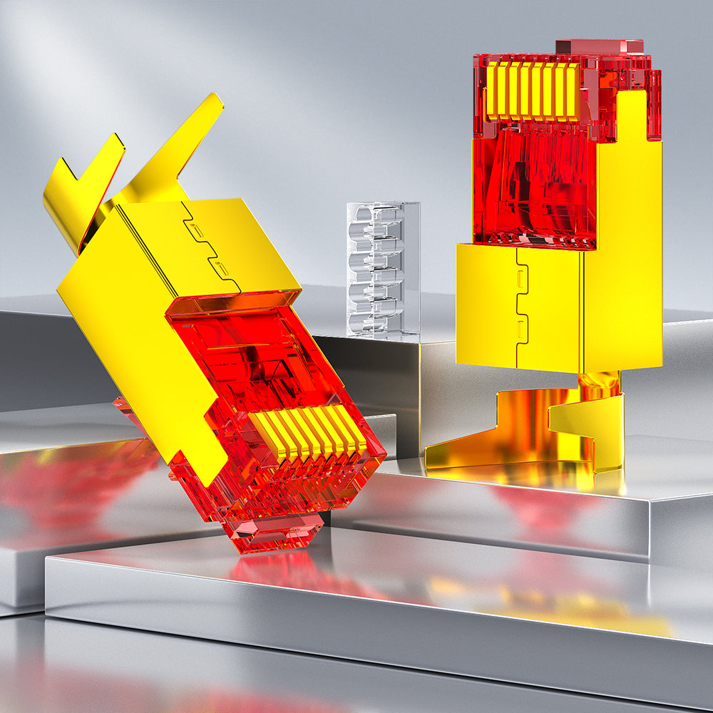 AMPCOM Cat7 W/ Tail Clip Shielded RJ45 Connector, 50μm Gold-Plated Contacts, Gold-Plated Copper Shell, 1.5mm Conductor Hole