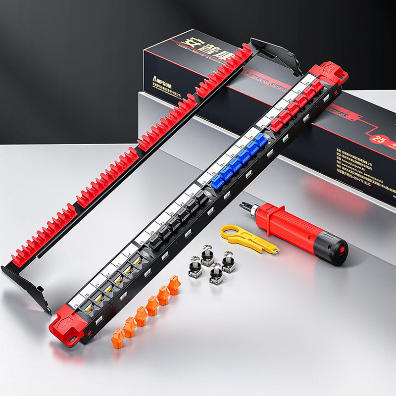 AMPCOM Unibody Cat5e/6/6a/7/8 Series 24 Ports Patch Panel, Front disassembly panel design, 19 inch RJ45 Ethernet 568A 568B, gold-plated pins, with Rear Cable Support Bar