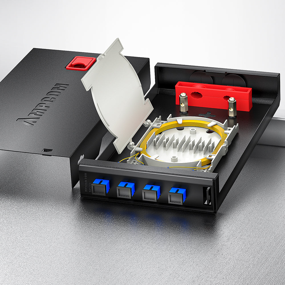 AMPCOM Desktop Fiber Optic Terminal Box, 4 Port SC Simplex, Single Mode, with Pigtails & Flanges
